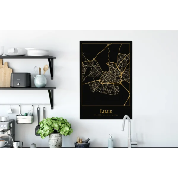 en promotion MuchoWow Tableau Sur Toile Carte – Lille – France – Or – Noir Decoration Murale… 5