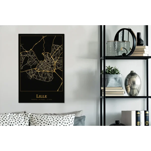 en promotion MuchoWow Tableau Sur Toile Carte – Lille – France – Or – Noir Decoration Murale… 6