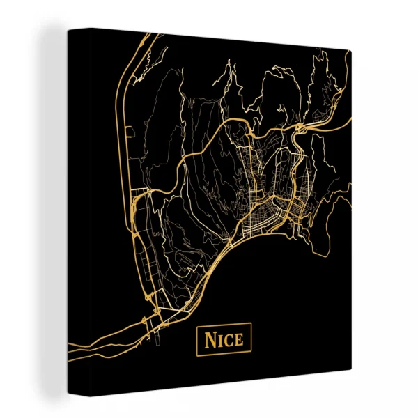 l'unique style MuchoWow Tableau Sur Toile Carte – Nice – Noir – Or Decoration Murale 90×90 Cm 3