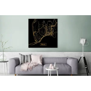 l'unique style MuchoWow Tableau Sur Toile Carte – Nice – Noir – Or Decoration Murale 90×90 Cm 11