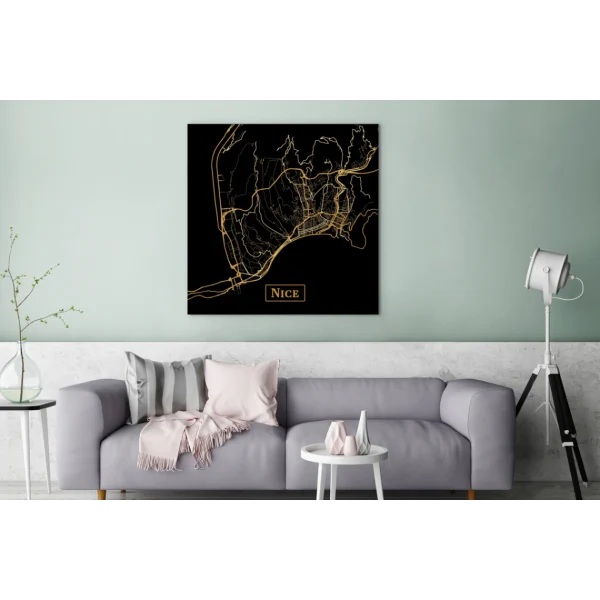 l'unique style MuchoWow Tableau Sur Toile Carte – Nice – Noir – Or Decoration Murale 90×90 Cm 4