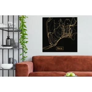 l'unique style MuchoWow Tableau Sur Toile Carte – Nice – Noir – Or Decoration Murale 90×90 Cm 13