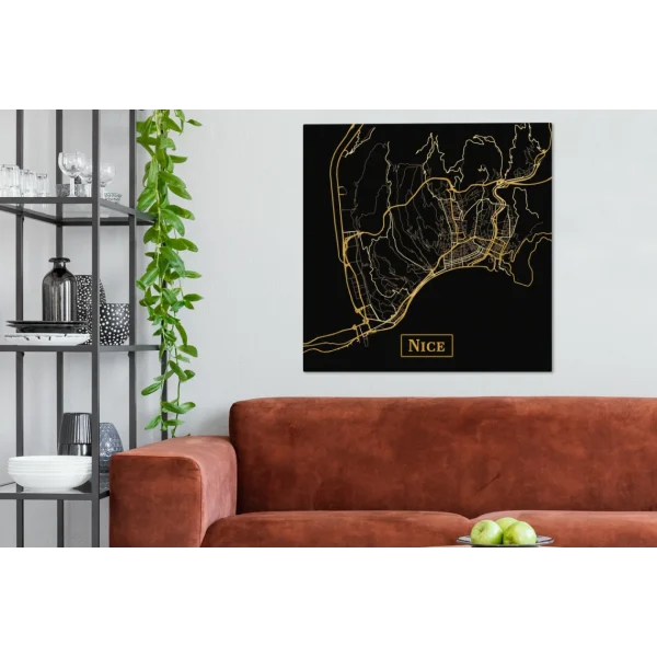 l'unique style MuchoWow Tableau Sur Toile Carte – Nice – Noir – Or Decoration Murale 90×90 Cm 5