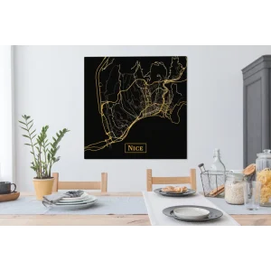 l'unique style MuchoWow Tableau Sur Toile Carte – Nice – Noir – Or Decoration Murale 90×90 Cm 15