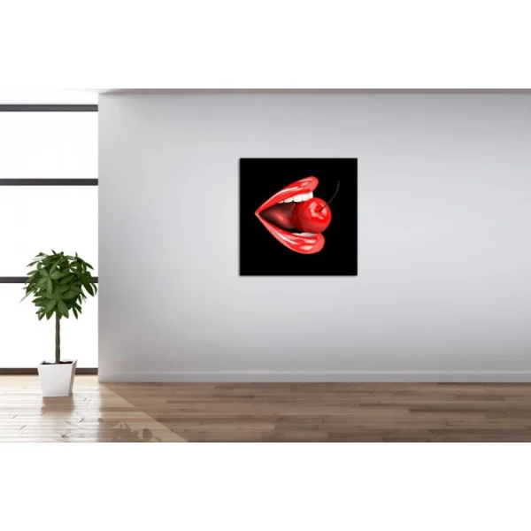 outlet DECLIKTABLEAU Tableau Pop Bouche Rouge Cerise Fond Noir 60X60 Cm 1